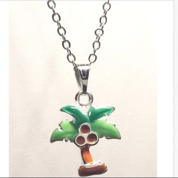 Palm Tree Necklace 19" Silver Plated Green Enamel Beach Island Coconut Tropical - Picture 5 of 9